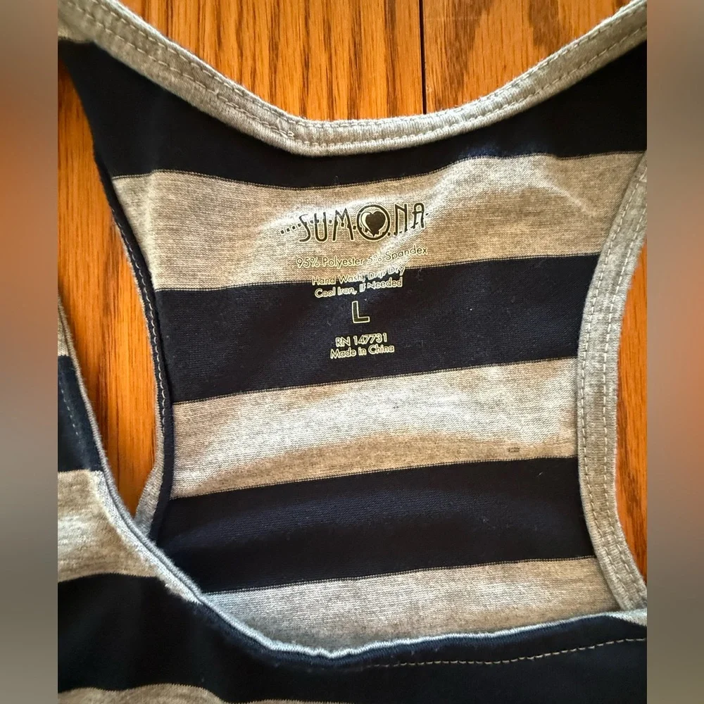 Navy Blue and Gray Striped Sleeveless Dress Ankle Length Casual Summer L - Picture 4 of 9